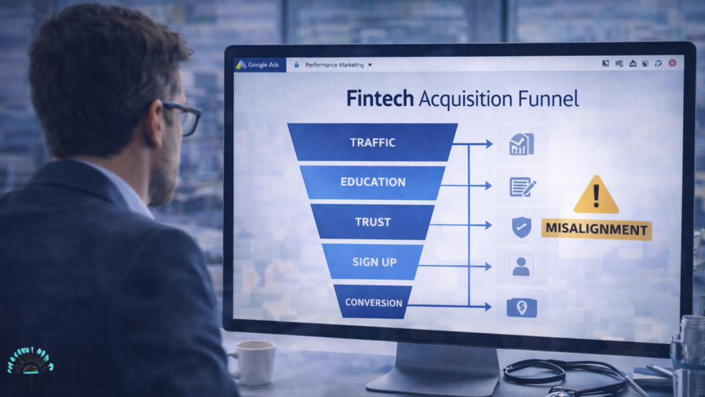 Performance marketing fintech London funnel structure.