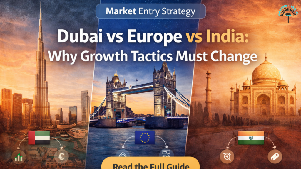A market entry strategy comparison banner showing the skylines of Dubai (Burj Khalifa), Europe (London Tower Bridge), and India (Taj Mahal) with their respective flags.