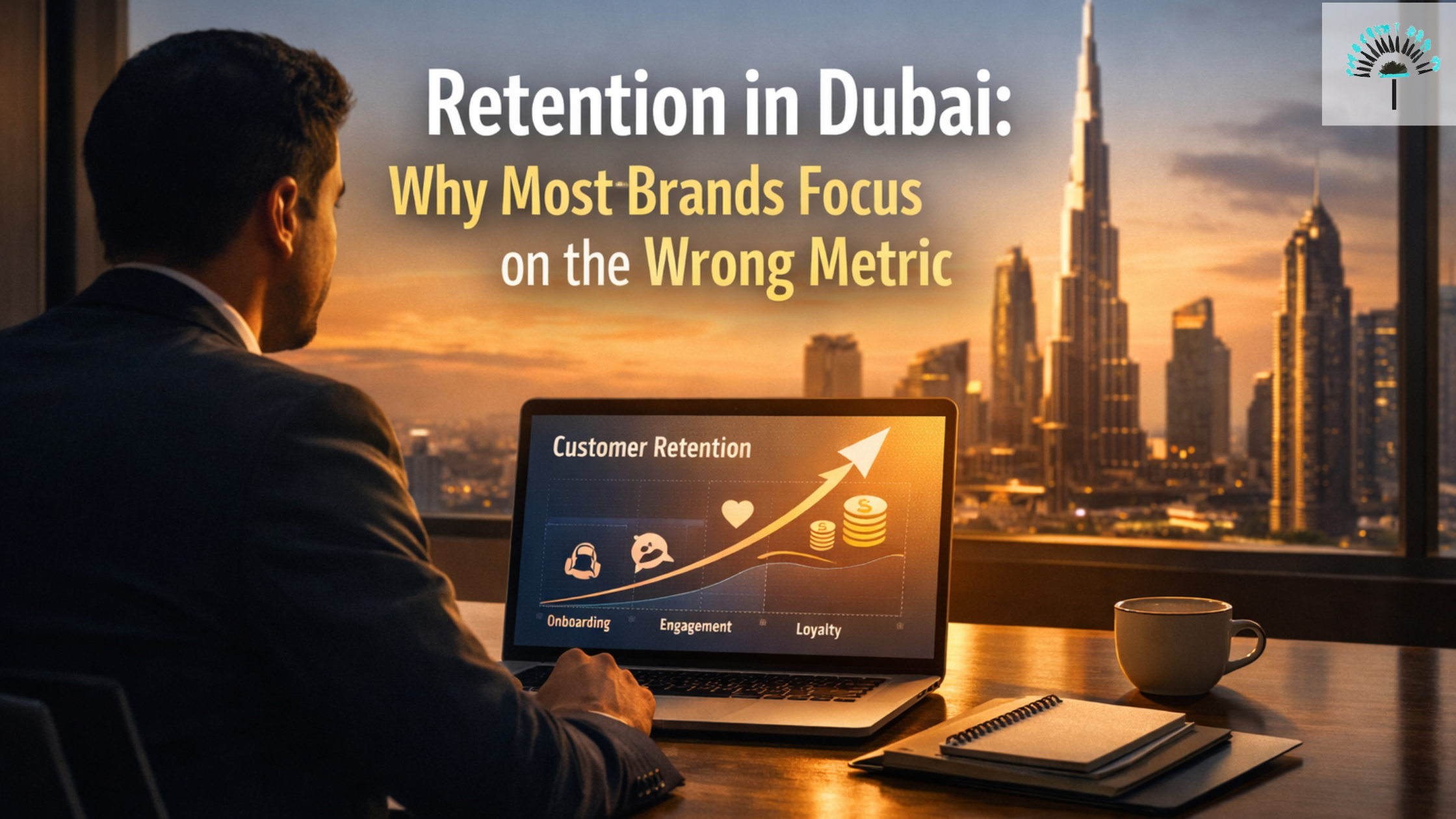 A businessman overlooking the Dubai skyline at sunset while analyzing a customer retention in Dubai dashboard on his laptop.