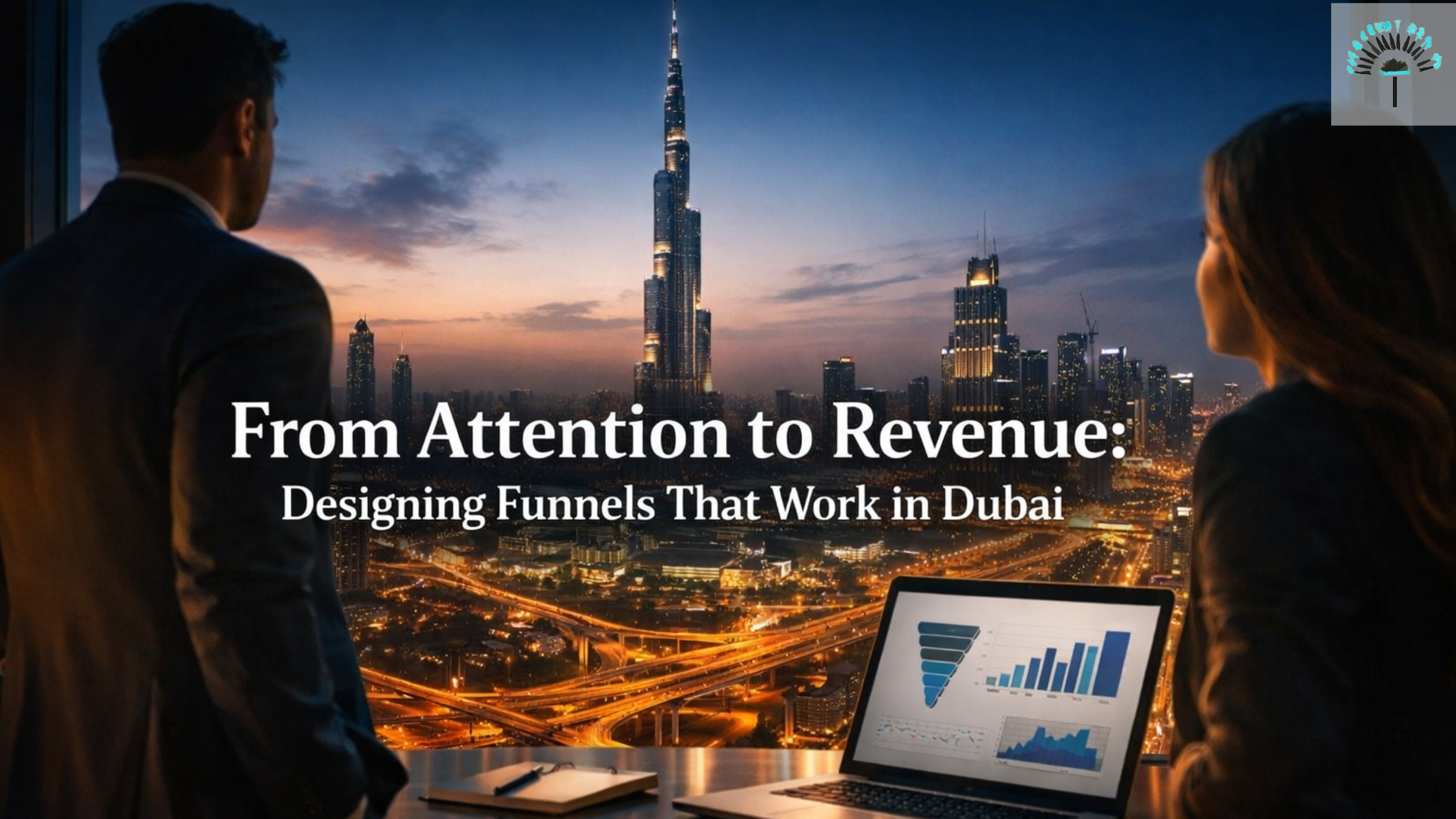 Close-up of a laptop screen displaying marketing analytics and a sales funnel strategy in Dubai with the Burj Khalifa visible through a window in the background.
