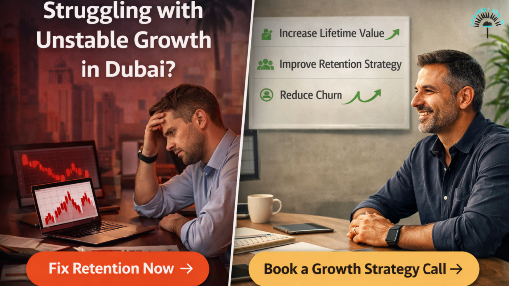 Digital marketing professional reviewing customer retention in Dubai strategies with a view of the city skyline.
