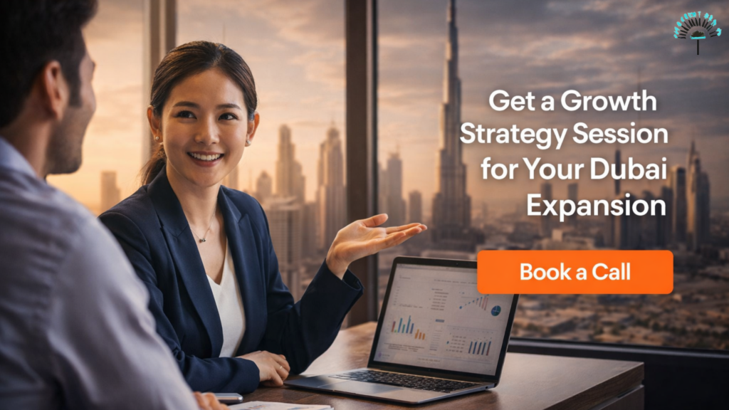 A professional visual highlighting a Dubai market entry strategy featuring the iconic Burj Khalifa skyline and UAE flag for global business growth.