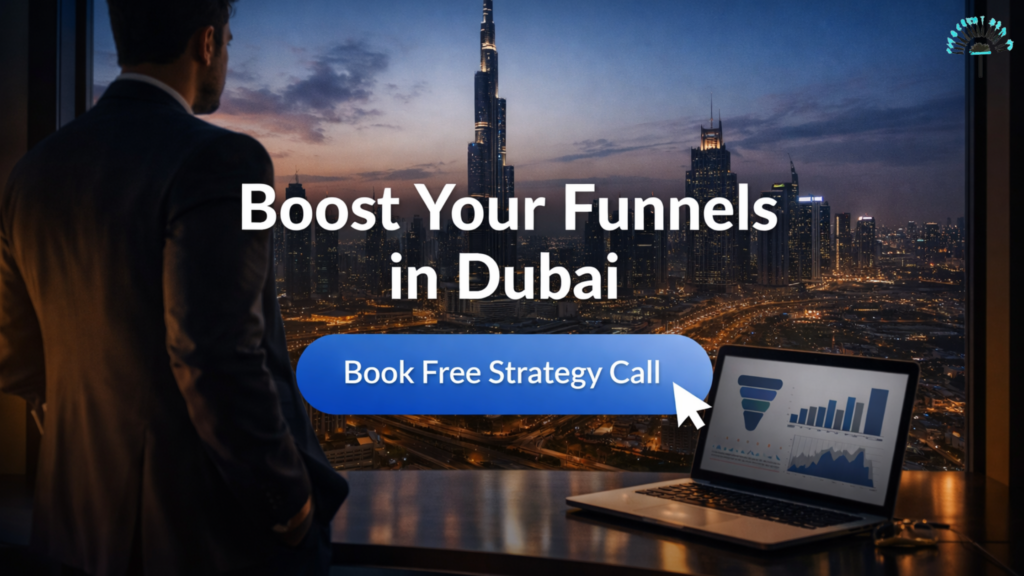 A professional businessman in a suit overlooking the Dubai skyline at night with text overlay "Boost Your Funnels in Dubai" and a "Book Free Strategy Call" button.